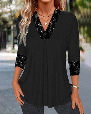 Haut décontracté à plis et patchwork de sequins de couleur unie