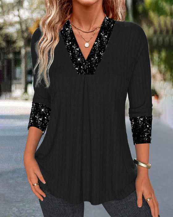 Haut décontracté à plis et patchwork de sequins de couleur unie