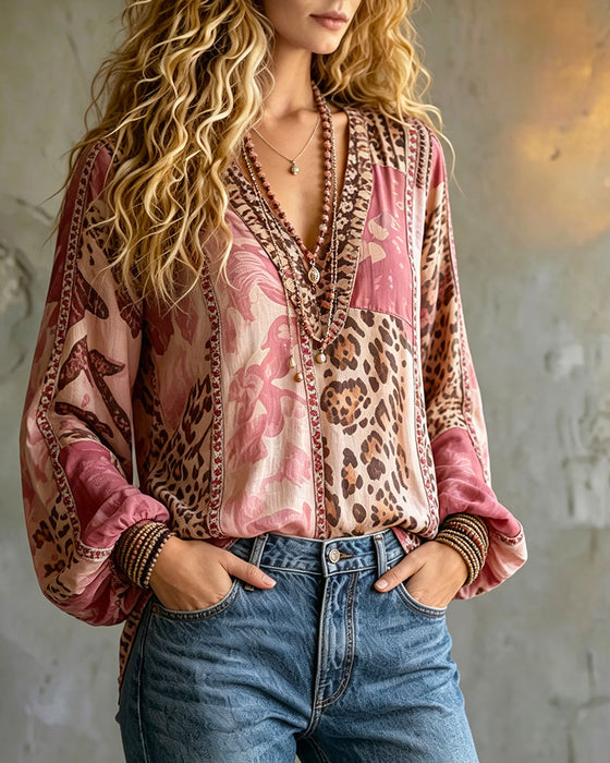 Blouse Col V Léopard Imprimé Bloc Couleur Manche Lanterne