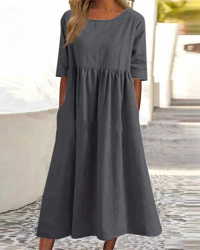 Robe Manches Courtes Poche Froncée