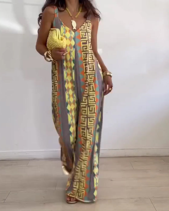 Jumpsuit Imprimé Géométrique Bretelle Spaghetti Jambe Large