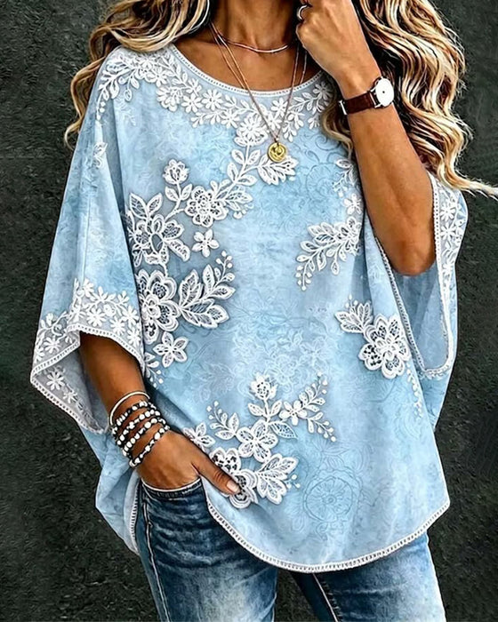 Blouse Col Rond Motif Floral Coupe Ample
