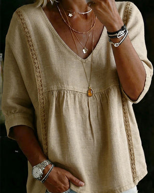 Blouse Volant Garniture Col En V Manche Coude