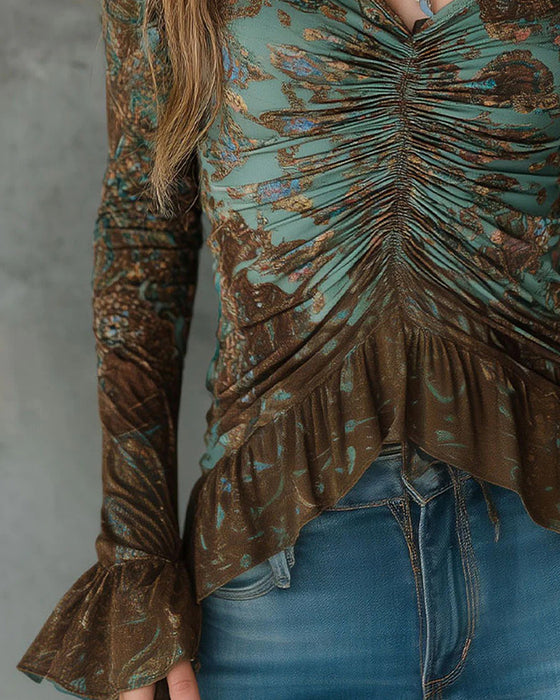 Blouse Froncée Volant Encolure V Manches Longues