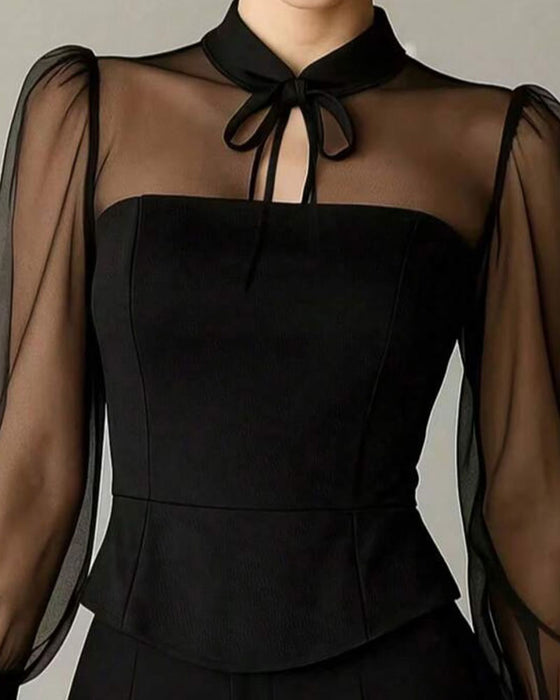 Haut Transparent Manches Bouffantes Bande