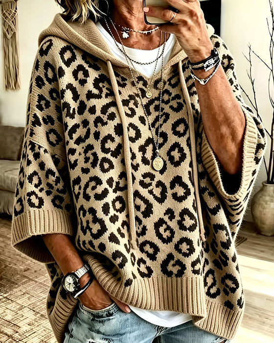Hoodie Imprimé Léopard Manche-Moyenne Poche