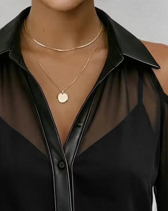 Haut Revers Boutonnage Épaule Nue Tulle
