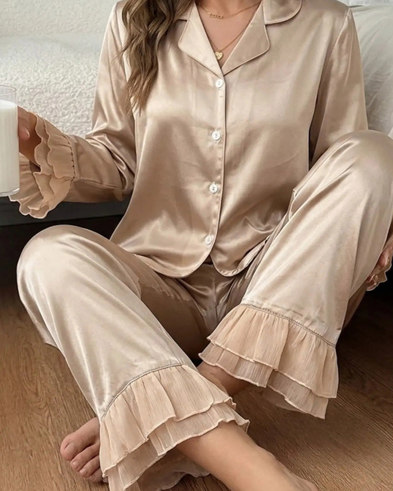 Ensemble Pyjama Double Couche Col De Chemise Volanté