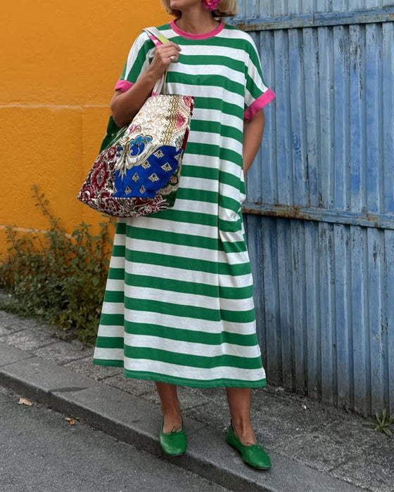 Robe Col Rond Bloc De Couleur Rayure Maxi