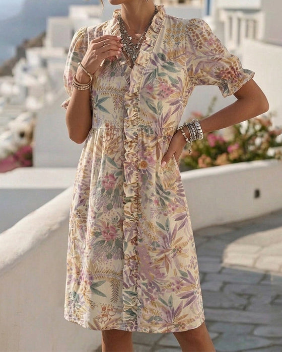 Robes Taille Cintrée Manche Bouffante Volant Floral