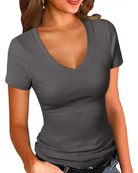 T-Shirt Côtes Slim Fit Col En V Manches Courtes