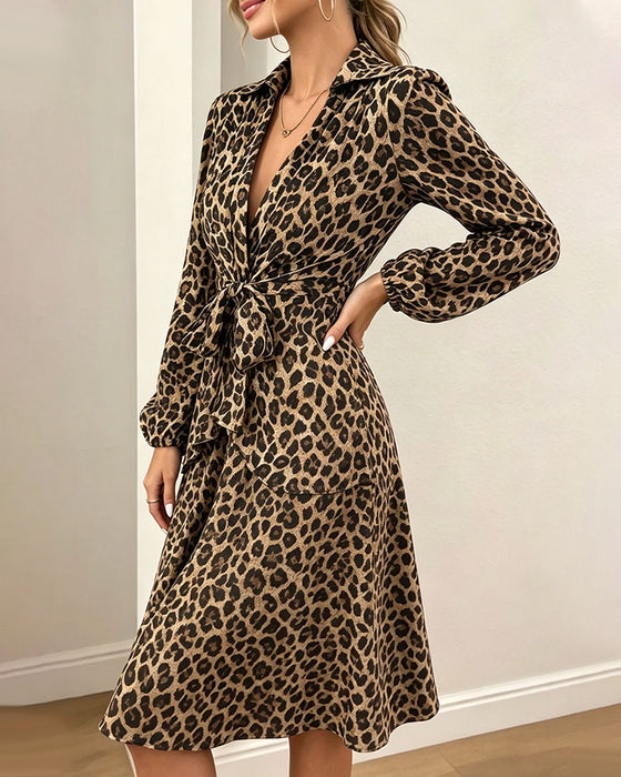 Robe Imprimé Léopard Revers Taille Sangle Chemise