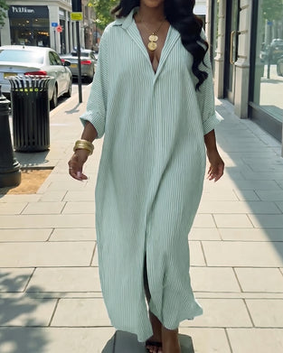 Robe Manches Longues Revers Lâche Rayée Chemise