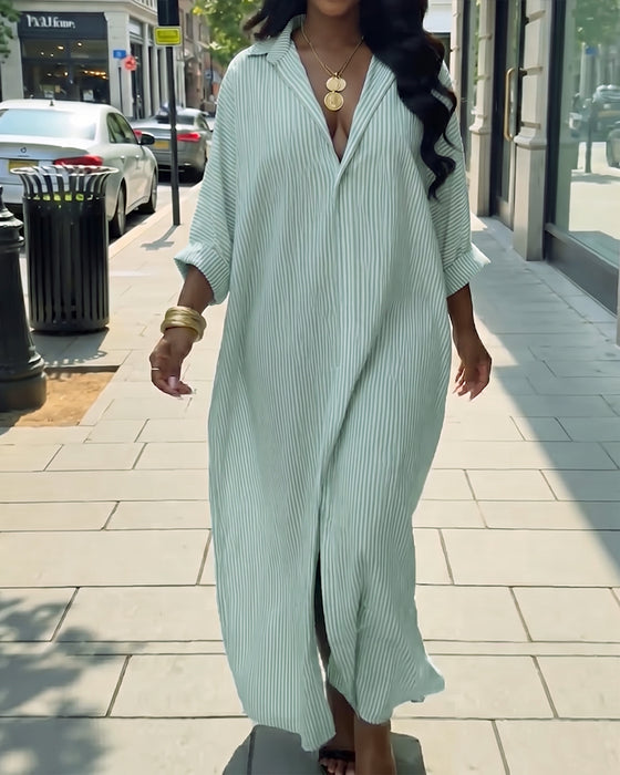 Robe Manches Longues Revers Lâche Rayée Chemise