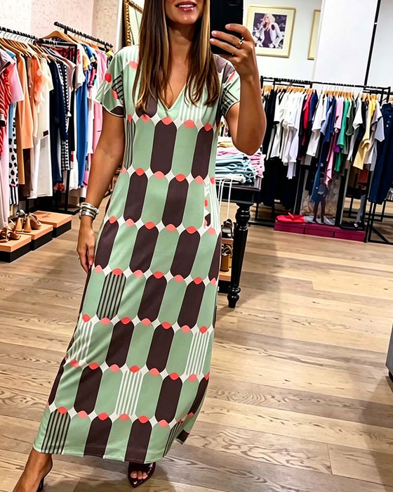 Robe Col En V Manches Courtes Jupe Ample