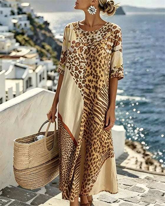 Robe Léopard Imprimé Col Rond Patchwork