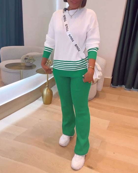 Pull Rayé Contrasté Pantalon Ensemble