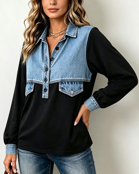 Sweatshirt Col Chemise Poche Patchwork