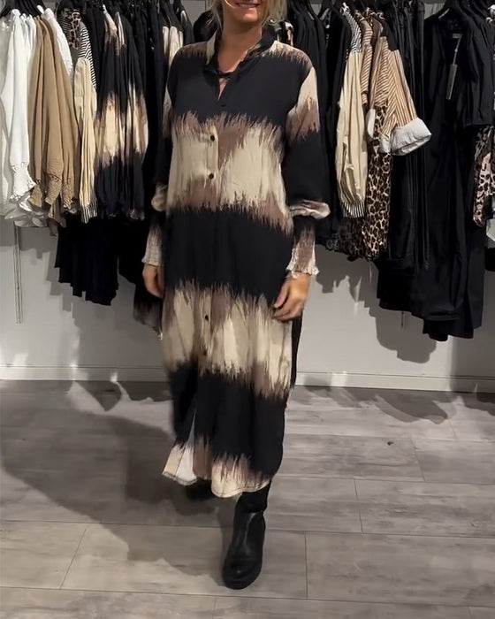 Robe Chemise Manches Lanternes Boutonnée Peinture À L'encre
