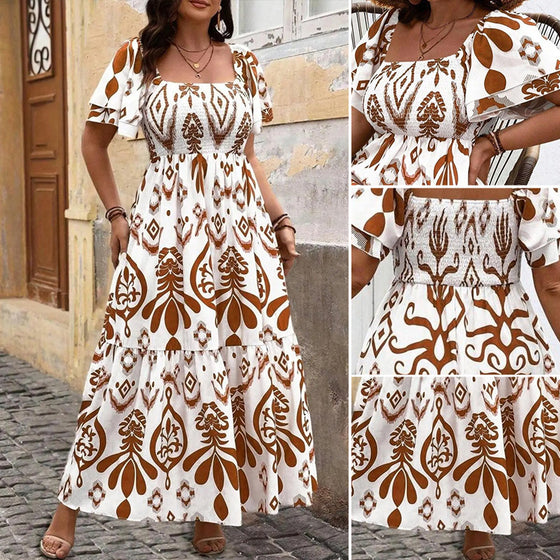 Robe Bleu Porcelaine Col Carré Imprimé Maxi