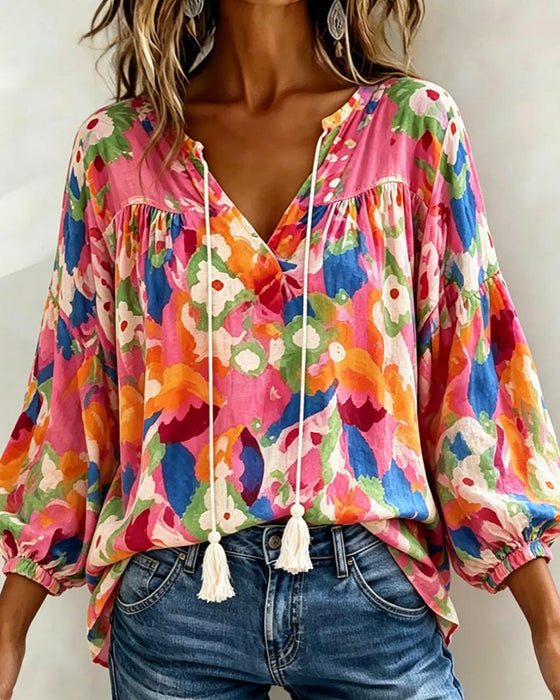 Blouse Coloré Imprimé Manche Lanterne Frange
