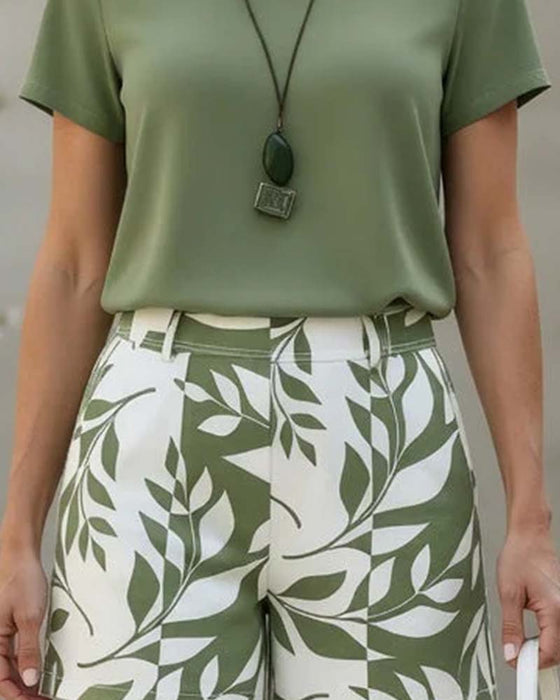 Deux-Pièces Ensemble Col Rond T-Shirt Et Imprimé Feuille Verte Shorts