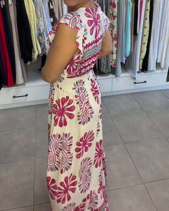Robe Floral Taille-Serrée Manche-Volant Vacances Maxi