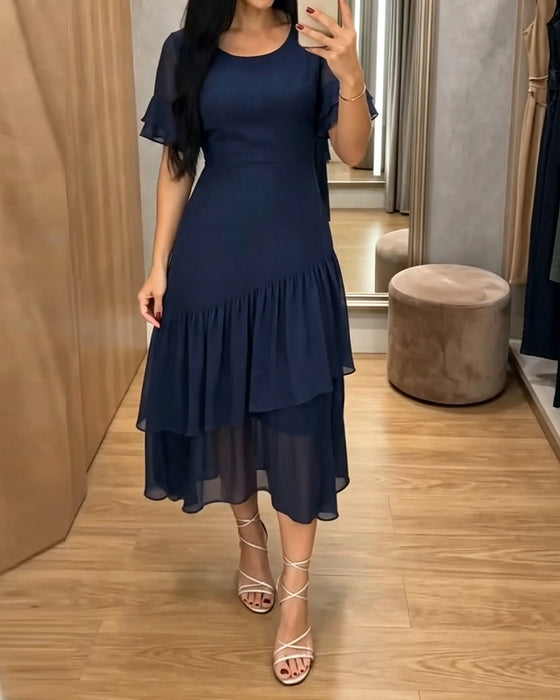 Robe Col Rond Volant Unie