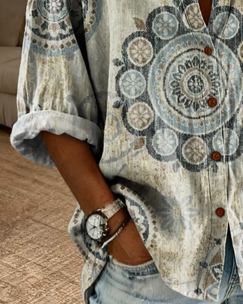 Chemise Motif Mandala Épaule Descendue Manche