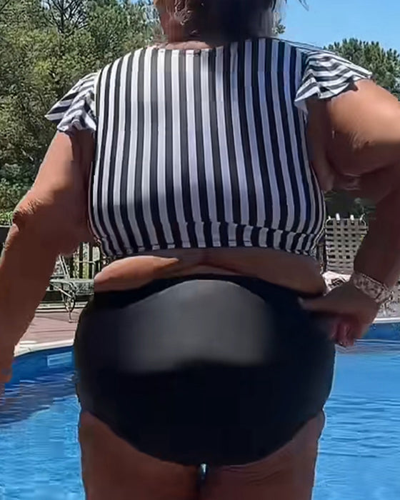 Bikini Rayé Manche Papillon Col En U