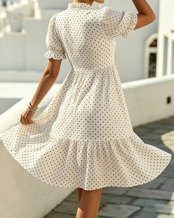 Robe Col V Dentelle Garniture Polka Dot