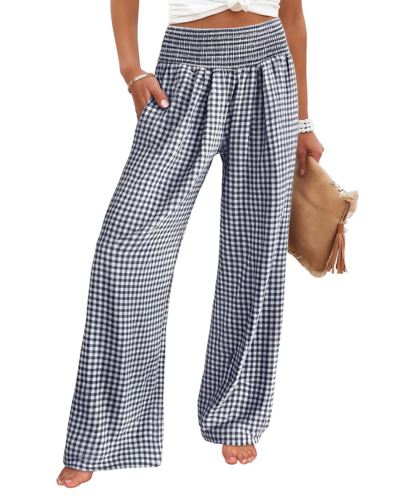 Pantalon Taille Haute À Carreaux Large Jambe