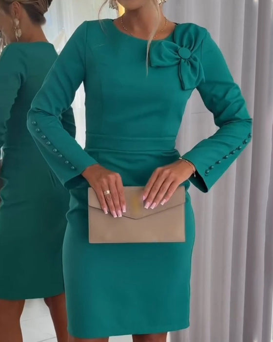 Robe Nœud Détail Manche Longue Décontractée