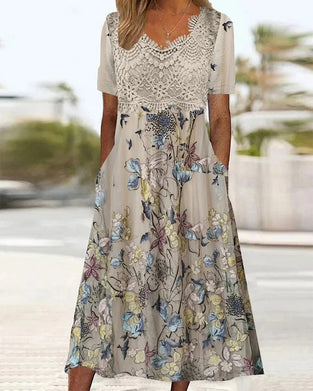 Robe Dentelle Patchwork Florale Oiseau Imprimé