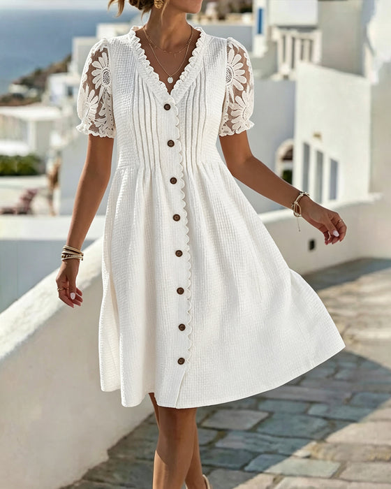 Robe Manches Ballon Tournesol Dentelle Patchwork