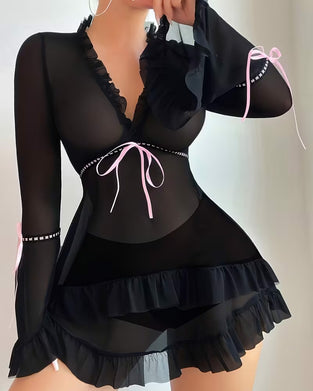 Robe De Nuit Manches Longues Laçage Transparent