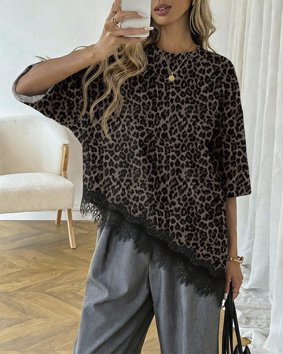 Blouse Asymétrique Dentelle Ourlet Assemblé Manches Courtes