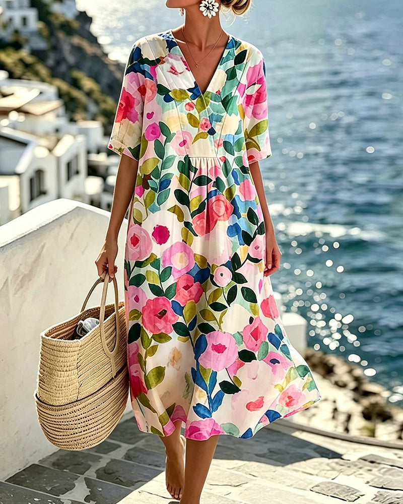 Robe Aquarelle Florale Col V