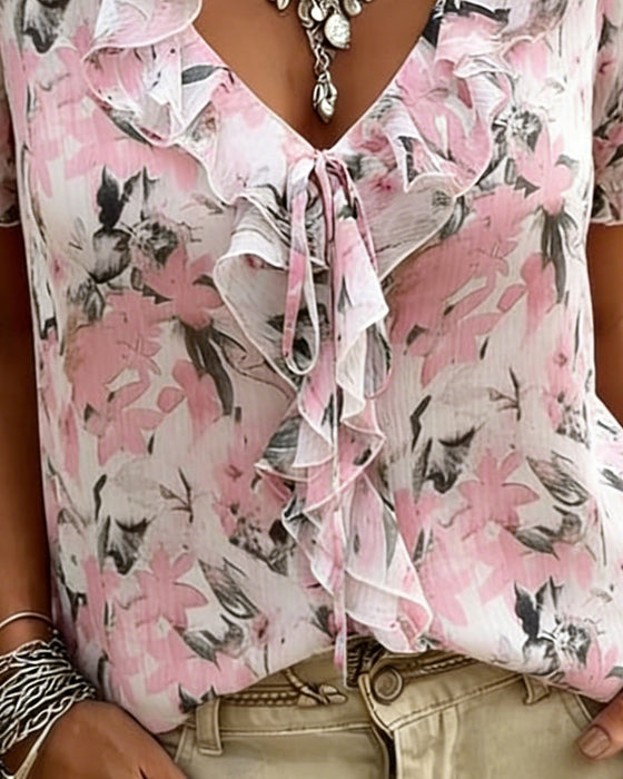 Blouse Col V Volant Manche Bouffante