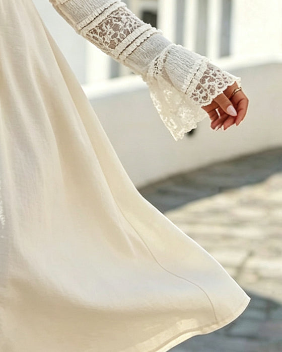 Robe Unie Col V Dentelle Patchwork