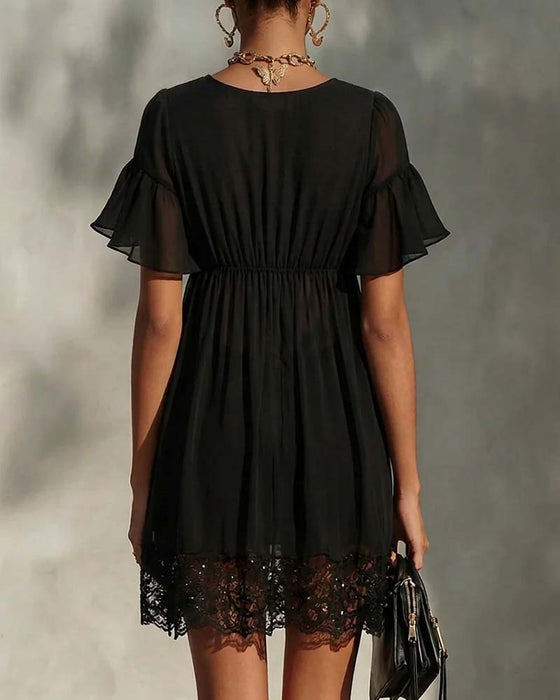 Robe Volant Manche Évasée Fermeture Éclair Dentelle