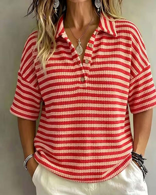 Blouse Col Polo Rayé Bouton Devant