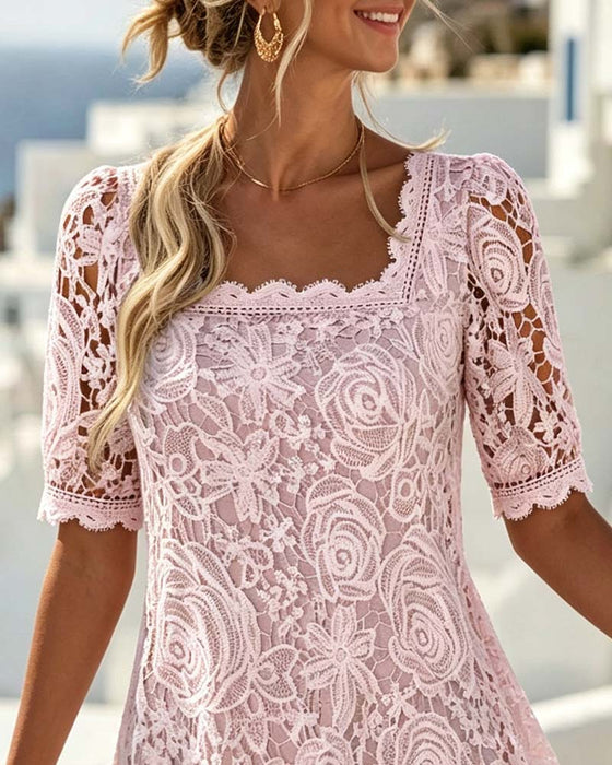 Robe Dentelle Patchwork Évidé Col Carré