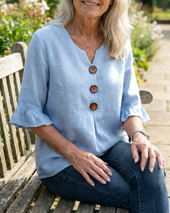 Blouses Unies Coton-Lin Boutons En Bois Volants