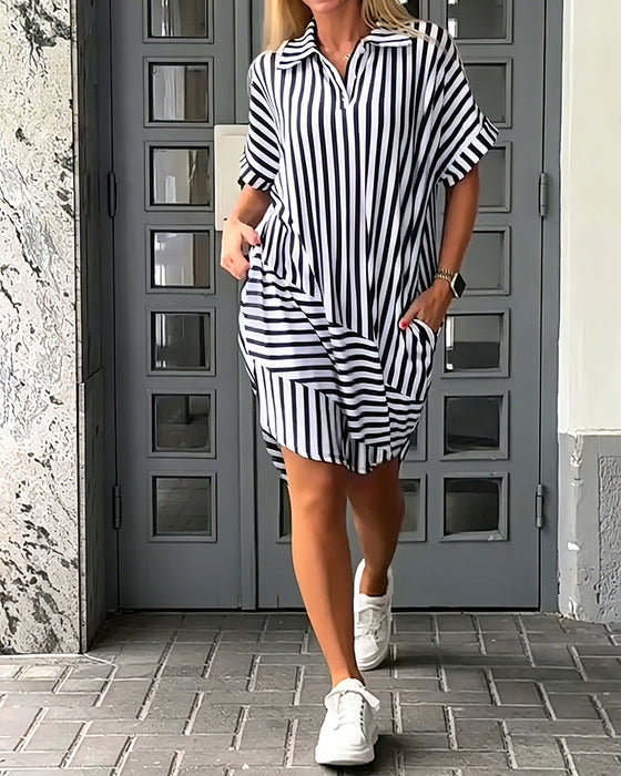 Robe Col Revers Rayures Coupe Irrégulière