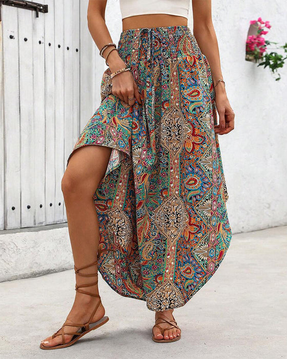 Jupe avec une Ceinture Élastique, des Impressions Rétro et un ourlet incurvé