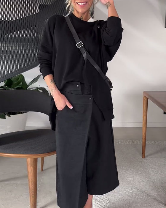 Sweat-shirt décontracté à col rond et fente de couleur unie