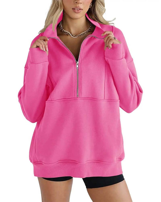 Sweatshirt Unie Col Revers Fermeture Éclair