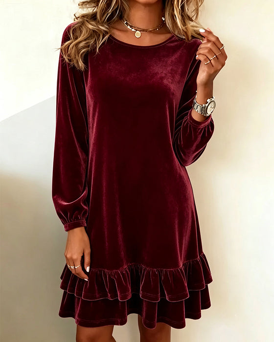 Robe Col Rond Manches Longues Volant