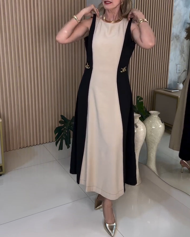 Robe Sans Manches Couleur Contrastante Élégant Taille